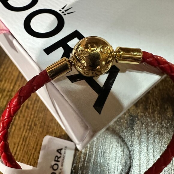 Authentic Pandora Red Leather Braided Wrap Bracelet, Gold Plated Clasp, SZ 19CM - Picture 2 of 4